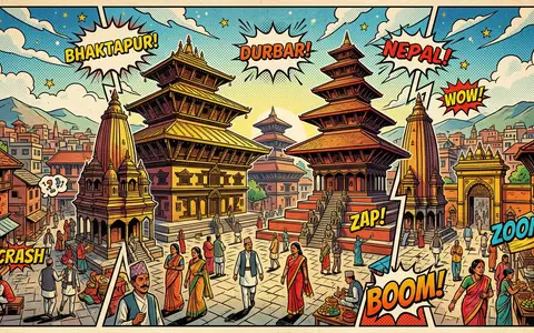 Pop-Art-Comicillustration des Wahrzeichens Bhaktapur Durbar Square in Bhaktapur Nepal, kraeftige Konturen Rasterpunkte und satte Farben - Foto: THN