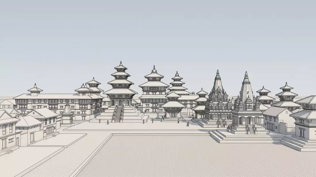 Architektur-Render von Bhaktapur Durbar Square in Bhaktapur, Nepal bei Tageslicht