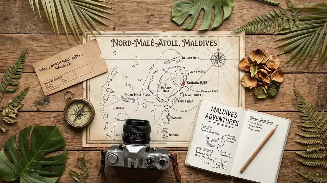 Flatlay-Reise-Arrangement rund um Banana Reef in Nord-Male-Atoll, Malediven