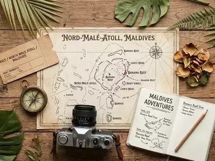 Flatlay-Reise-Arrangement rund um Banana Reef in Nord-Male-Atoll Malediven, Karte Kompass Kamera und generische Reiserequisiten - Foto: THN
