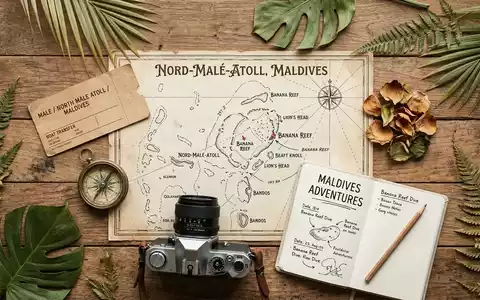 Flatlay-Reise-Arrangement rund um Banana Reef in Nord-Male-Atoll Malediven, Karte Kompass Kamera und generische Reiserequisiten - Foto: THN