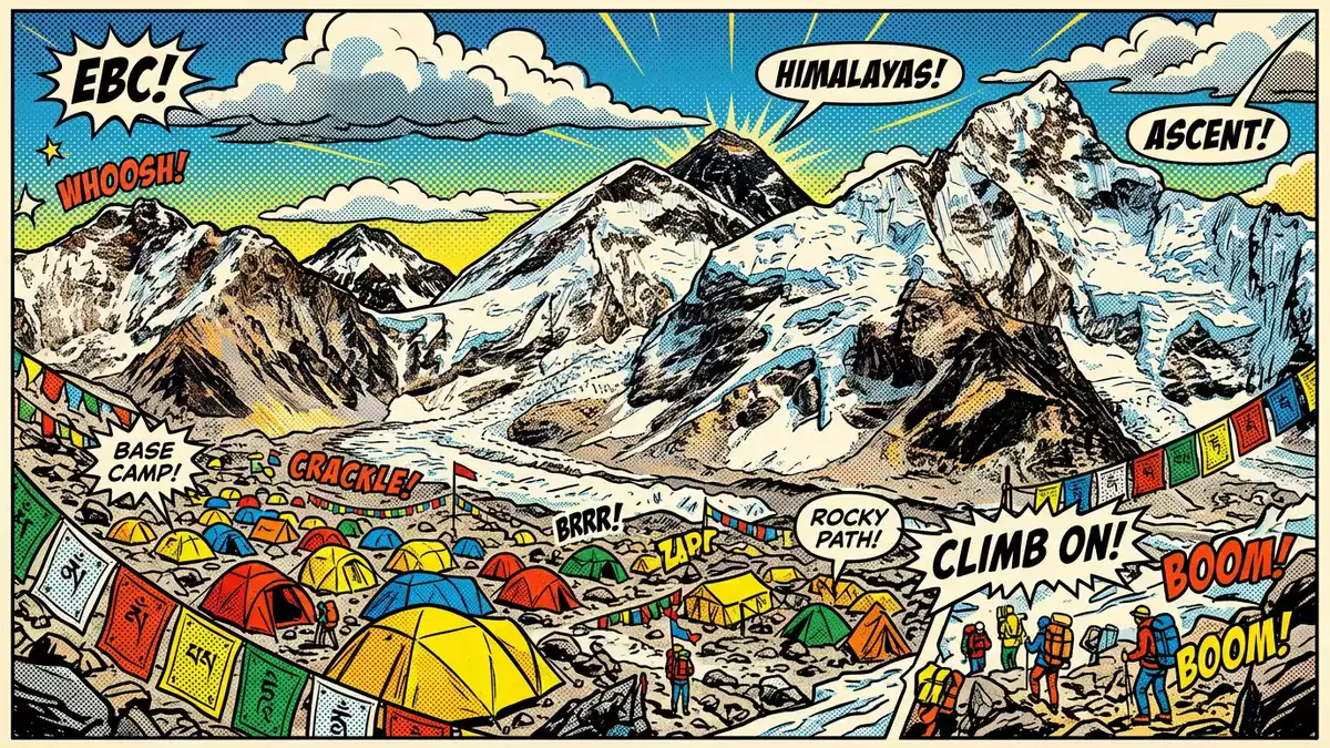 Pop-Art-Comic von Mount-Everest-Basislager in Khumbu, Nepal mit Rasterpunkten