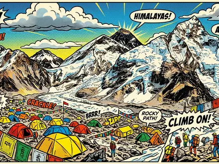 Pop-Art-Comicillustration des Wahrzeichens Mount-Everest-Basislager in Khumbu Nepal, kraeftige Konturen Rasterpunkte und satte Farben - Foto: THN