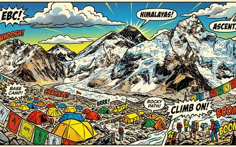 Pop-Art-Comicillustration des Wahrzeichens Mount-Everest-Basislager in Khumbu Nepal, kraeftige Konturen Rasterpunkte und satte Farben - Foto: THN