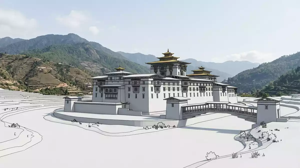 Architektur-Render von Punakha Dzong in Punakha, Bhutan bei Tageslicht