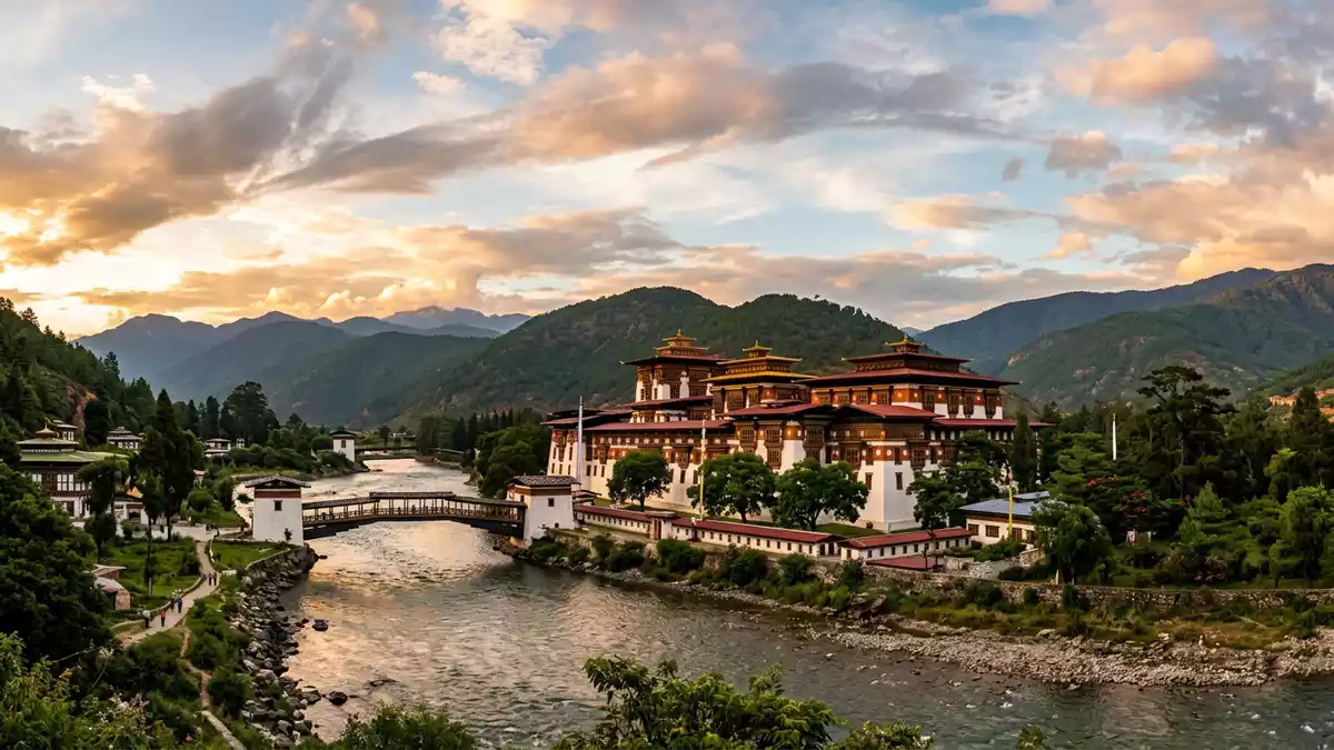 Fotorealistische Ansicht von Punakha Dzong in Punakha, Bhutan im Abendlicht