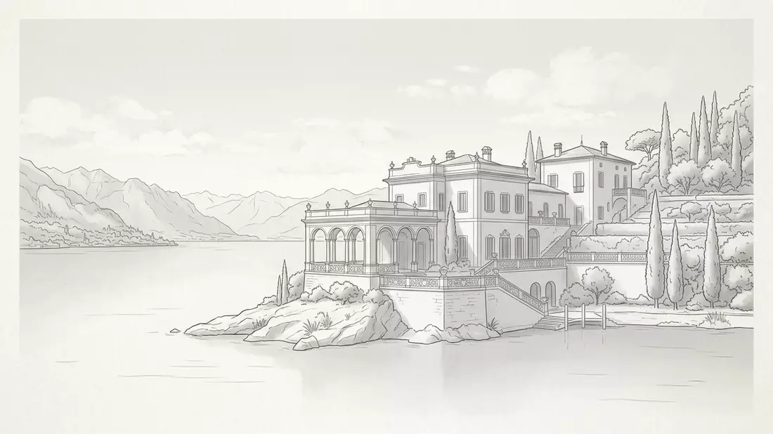 Architektur-Render von Villa del Balbianello in Lenno, Italien bei Tageslicht