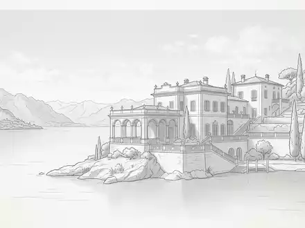 Moderner Architektur-Render zeigt Silhouette von Villa del Balbianello in Lenno Italien, klare Linien und neutrales - Foto: THN