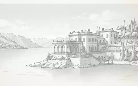 Moderner Architektur-Render zeigt Silhouette von Villa del Balbianello in Lenno Italien, klare Linien und neutrales - Foto: THN