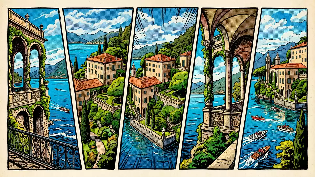 Pop-Art-Comic von Villa del Balbianello in Lenno, Italien mit Rasterpunkten