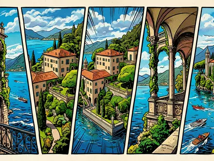 Pop-Art-Comicillustration des Wahrzeichens Villa del Balbianello in Lenno Italien, kraeftige Konturen Rasterpunkte und satte Farben - Foto: THN