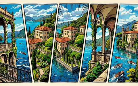 Pop-Art-Comicillustration des Wahrzeichens Villa del Balbianello in Lenno Italien, kraeftige Konturen Rasterpunkte und satte Farben - Foto: THN