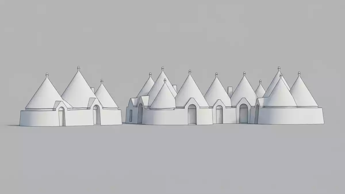 Architektur-Render von Trulli von Alberobello in Alberobello, Italien bei Tageslicht