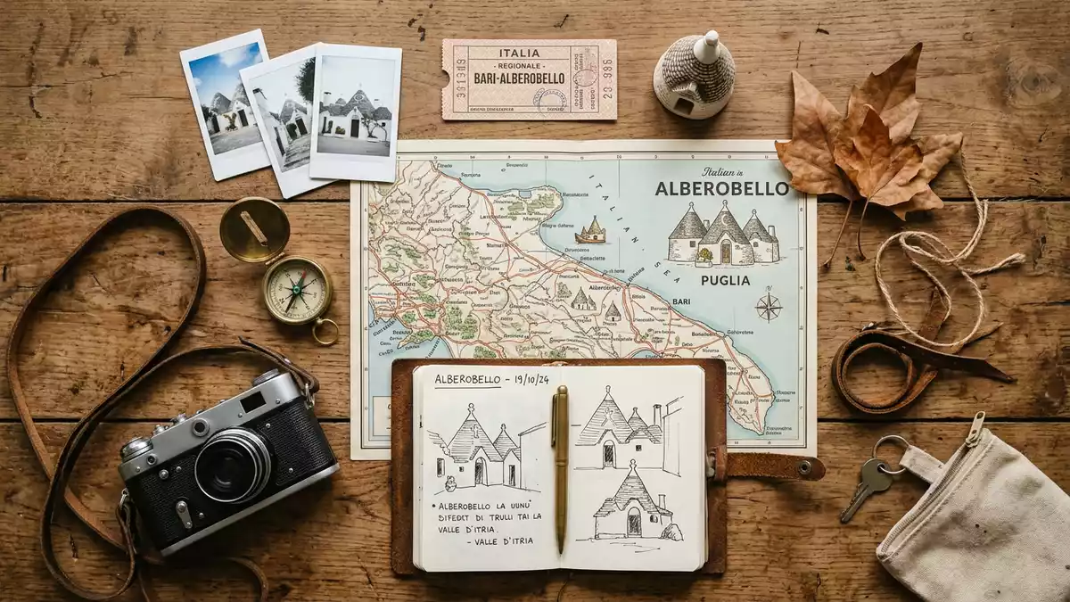 Flatlay-Reise-Arrangement rund um Trulli von Alberobello in Alberobello, Italien