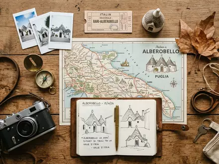 Flatlay-Reise-Arrangement rund um Trulli von Alberobello in Alberobello Italien, Karte Kompass Kamera und generische Reiserequisiten - Foto: THN