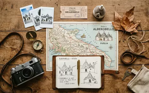 Flatlay-Reise-Arrangement rund um Trulli von Alberobello in Alberobello Italien, Karte Kompass Kamera und generische Reiserequisiten - Foto: THN