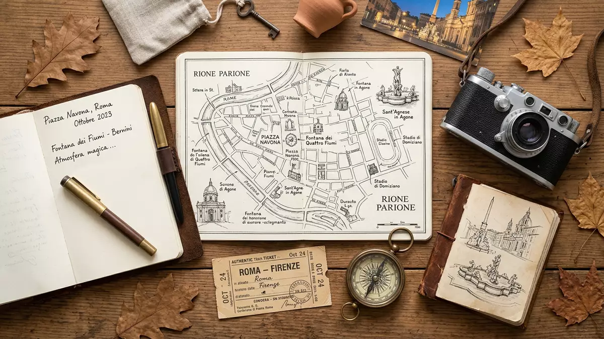 Flatlay-Reise-Arrangement rund um Piazza Navona in Rom, Italien