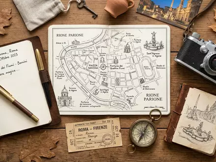 Flatlay-Reise-Arrangement rund um Piazza Navona in Rom Italien, Karte Kompass Kamera und generische Reiserequisiten - Foto: THN