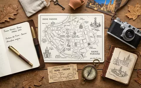 Flatlay-Reise-Arrangement rund um Piazza Navona in Rom Italien, Karte Kompass Kamera und generische Reiserequisiten - Foto: THN