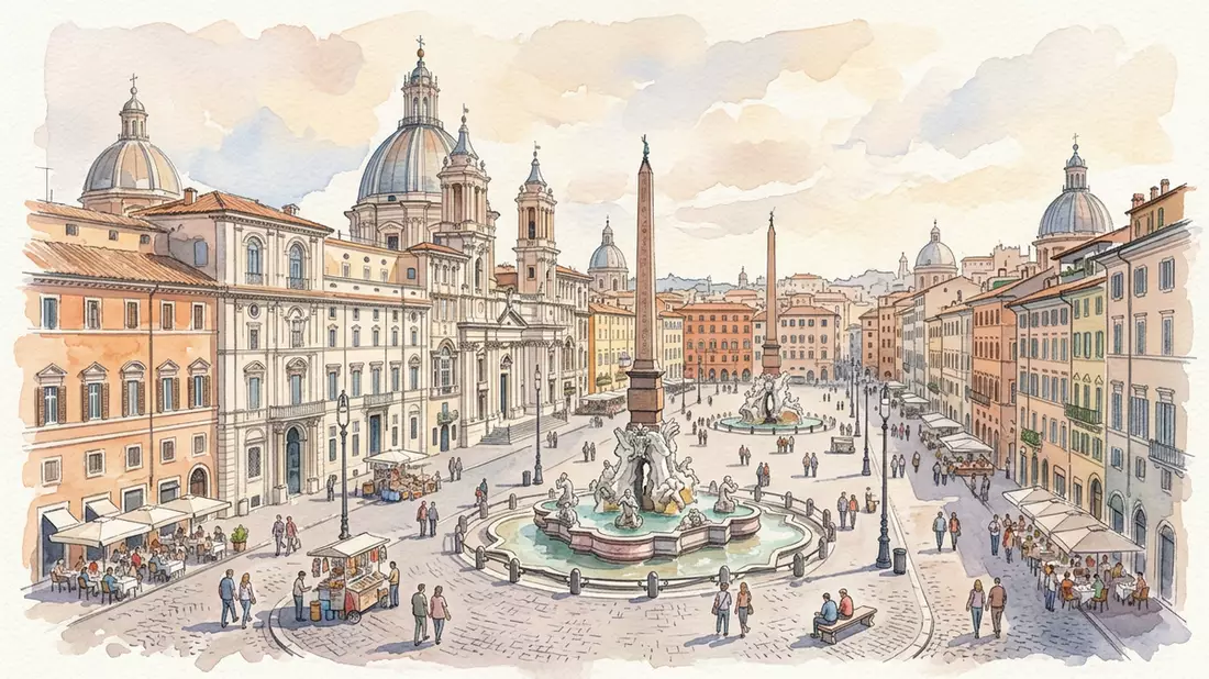 Aquarell-Illustration von Piazza Navona in Rom, Italien als Reiseposter