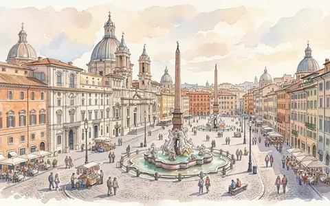 Aquarellillustration des Wahrzeichens Piazza Navona in Rom Italien, weiche Farbverläufe und pastelliges Reiseposter-Feeling - Foto: THN
