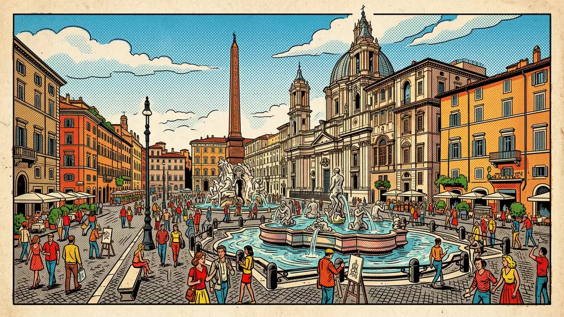 Pop-Art-Comic von Piazza Navona in Rom, Italien mit Rasterpunkten