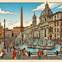 Pop-Art-Comicillustration des Wahrzeichens Piazza Navona in Rom Italien, kraeftige Konturen Rasterpunkte und satte Farben - Foto: THN