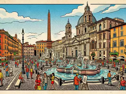 Pop-Art-Comicillustration des Wahrzeichens Piazza Navona in Rom Italien, kraeftige Konturen Rasterpunkte und satte Farben - Foto: THN
