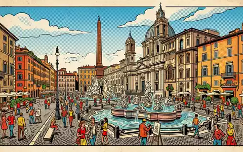 Pop-Art-Comicillustration des Wahrzeichens Piazza Navona in Rom Italien, kraeftige Konturen Rasterpunkte und satte Farben - Foto: THN
