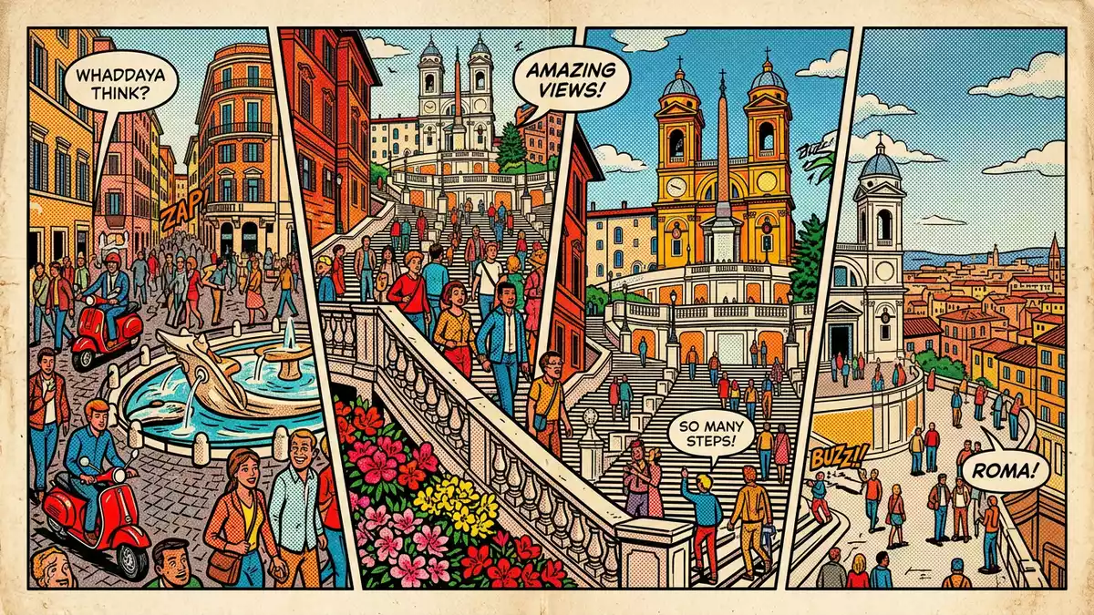 Pop-Art-Comic von Spanische Treppe Rom in Rom, Italien mit Rasterpunkten