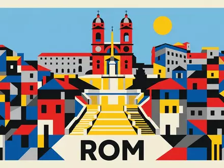 Bauhaus-Poster als geometrische Abstraktion von Spanische Treppe Rom in Rom Italien, kraeftige Grundfarben und harte - Foto: THN