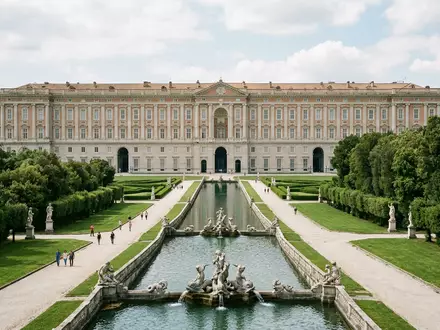Editorialbild im Reisemagazin-Stil vom Wahrzeichen Konigspalast von Caserta in Caserta Italien, ausgewogene Bildgestaltung und natuerliches - Foto: THN