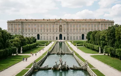 Editorialbild im Reisemagazin-Stil vom Wahrzeichen Konigspalast von Caserta in Caserta Italien, ausgewogene Bildgestaltung und natuerliches - Foto: THN