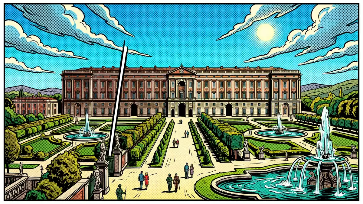 Pop-Art-Comic von Konigspalast von Caserta in Caserta, Italien mit Rasterpunkten