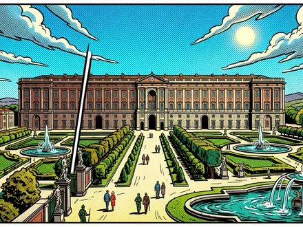 Pop-Art-Comicillustration des Wahrzeichens Konigspalast von Caserta in Caserta Italien, kraeftige Konturen Rasterpunkte und satte Farben - Foto: THN
