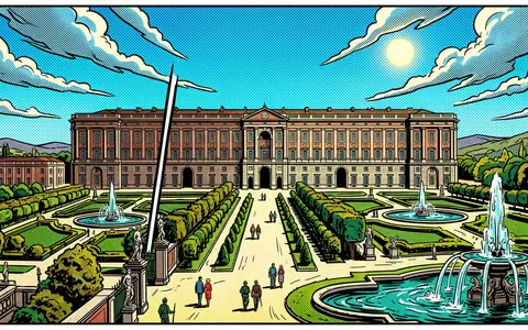 Pop-Art-Comicillustration des Wahrzeichens Konigspalast von Caserta in Caserta Italien, kraeftige Konturen Rasterpunkte und satte Farben - Foto: THN