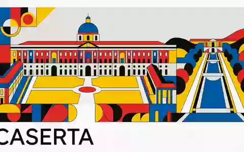 Bauhaus-Poster als geometrische Abstraktion von Konigspalast von Caserta in Caserta Italien, kraeftige Grundfarben und harte - Foto: THN