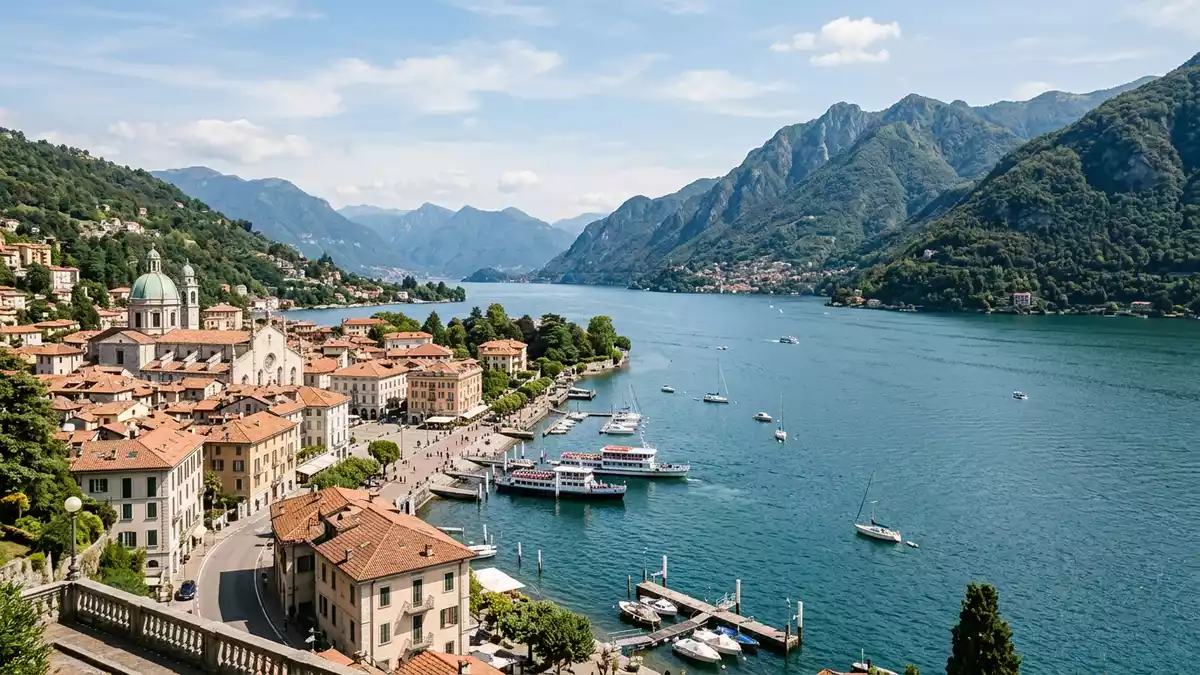 Editorial-Reisemagazinbild vom Wahrzeichen Comer See in Como, Italien