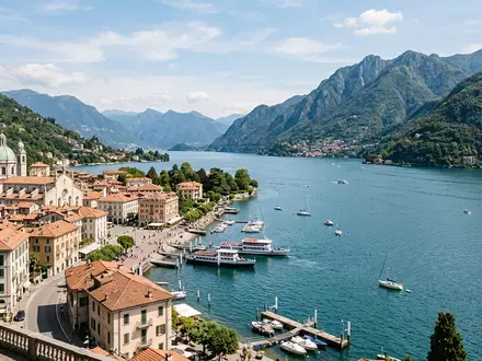 Editorialbild im Reisemagazin-Stil vom Wahrzeichen Comer See in Como Italien, ausgewogene Bildgestaltung und natuerliches Umgebungslicht - Foto: THN