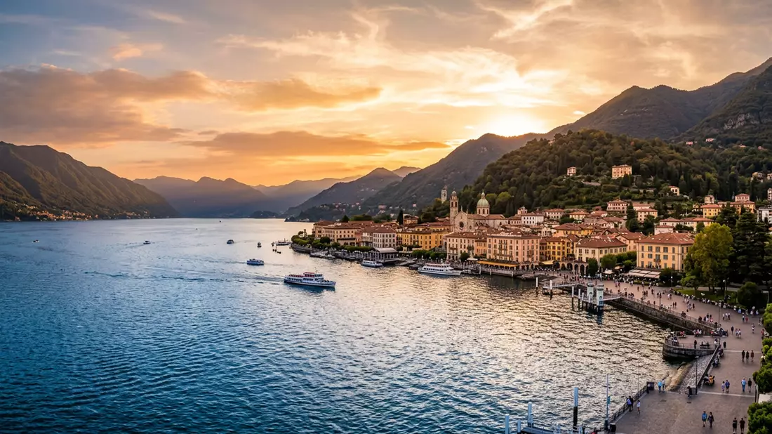 Fotorealistische Ansicht von Comer See in Como, Italien im Abendlicht