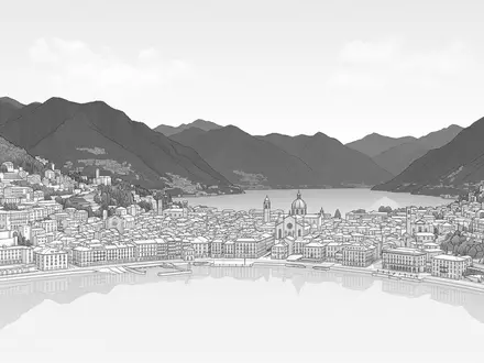 Moderner Architektur-Render zeigt Silhouette von Comer See in Como Italien, klare Linien und neutrales Tageslicht - Foto: THN