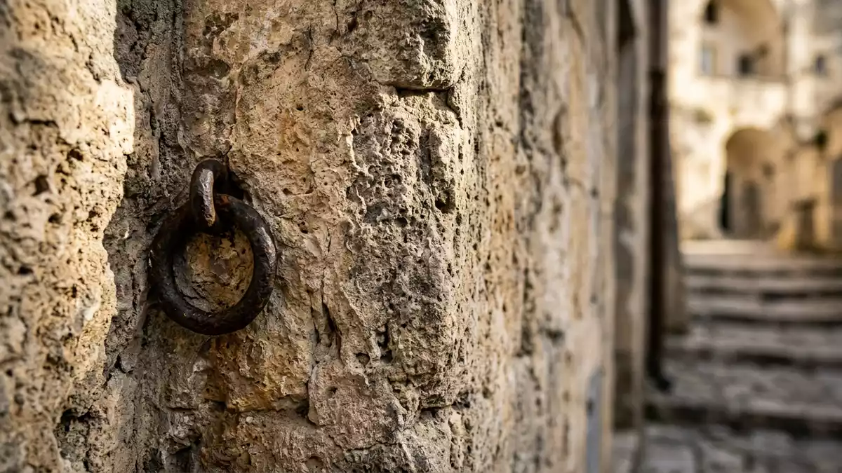 Makroaufnahme eines Materialdetails am Wahrzeichen Sassi di Matera, Matera Italien