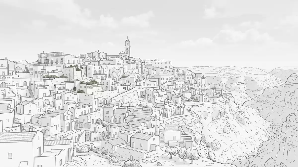 Architektur-Render von Sassi di Matera in Matera, Italien bei Tageslicht