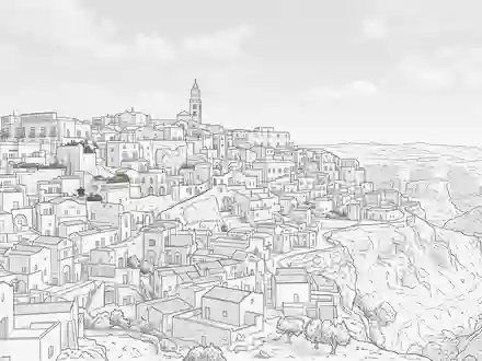 Moderner Architektur-Render zeigt Silhouette von Sassi di Matera in Matera Italien, klare Linien und neutrales - Foto: THN