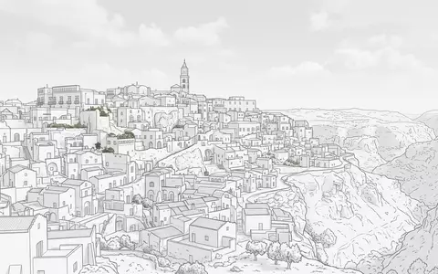 Moderner Architektur-Render zeigt Silhouette von Sassi di Matera in Matera Italien, klare Linien und neutrales - Foto: THN