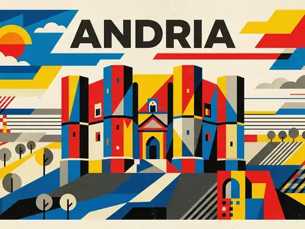 Bauhaus-Poster als geometrische Abstraktion von Castel del Monte in Andria Italien, kraeftige Grundfarben und harte - Foto: THN
