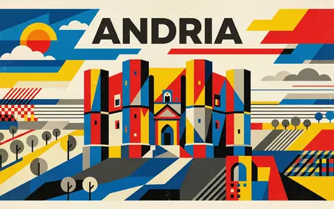 Bauhaus-Poster als geometrische Abstraktion von Castel del Monte in Andria Italien, kraeftige Grundfarben und harte - Foto: THN