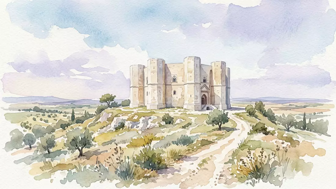 Aquarell-Illustration von Castel del Monte in Andria, Italien als Reiseposter