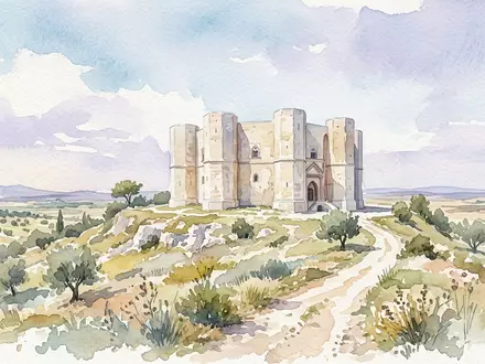 Aquarellillustration des Wahrzeichens Castel del Monte in Andria Italien, weiche Farbverläufe und pastelliges Reiseposter-Feeling - Foto: THN