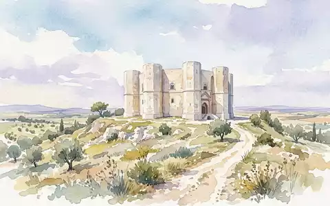 Aquarellillustration des Wahrzeichens Castel del Monte in Andria Italien, weiche Farbverläufe und pastelliges Reiseposter-Feeling - Foto: THN